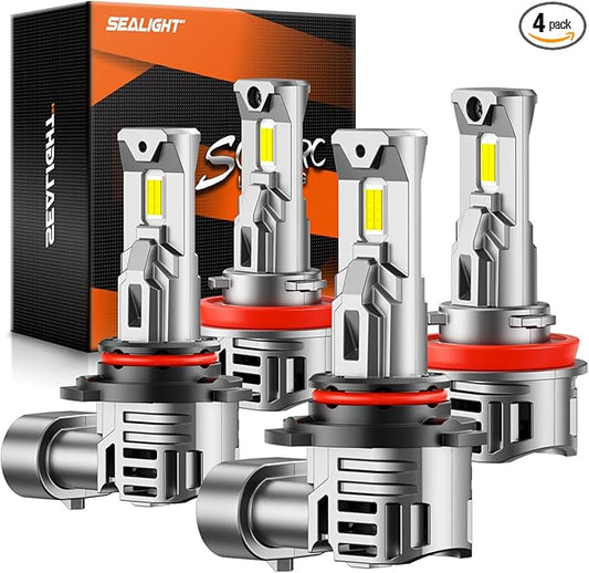 SEALIGHT 9005/HB3 H11 Fog Light Bulbs, 60000LM 6500K Cool White, 1:1 Mini Size, 9005 H11 Bulb Fog Light with 13000RPM Cooling Fan, 3 Mins Plug-N-Play, Non-polarity, Pack of 4