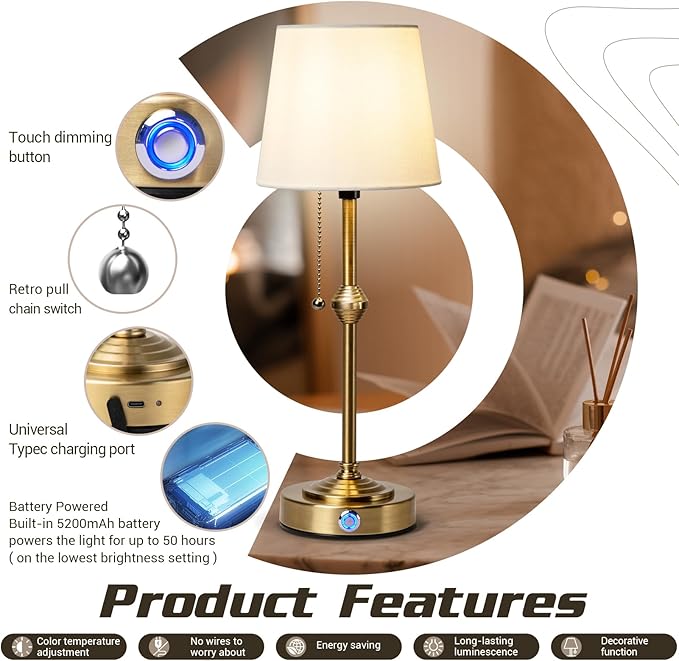 Rechargeable Cordless Table Lamp, Battery Powered Lamp,3 Level Brightness - Bedside Night Lamp, Ambient Light for Restaurant, Home, Bedroom, Dining Room, Camping, Cafe(Gold)