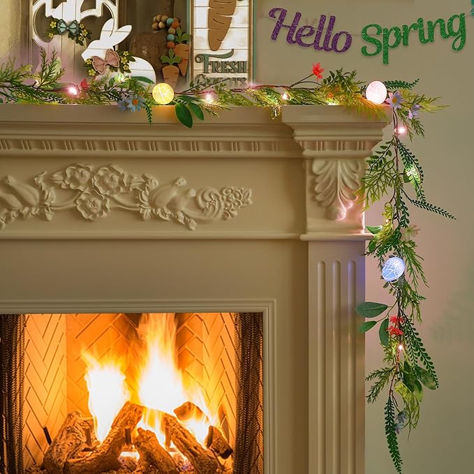CCINEE 6 FT Lighted Easter Garland, 20 LED Lights Artificial Garlands with Easter Colored Egg and Pink Flowers Faux Branches for Easter Spring Holiday Parties Mantle Fireplace Indoor Home Decoration