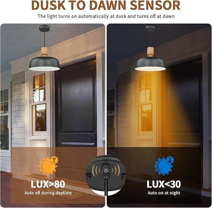 Darkaway Dusk to Dawn Industrial Pendant Light Fixtures Ceiling Hanging with Hammered Metal Shade, Black Pendant Light for Outdoor Porch Lighting Hanging Lamp Adjustable Height