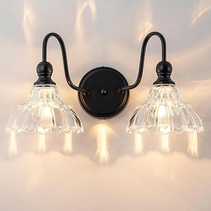 Vintage Bathroom Light Fixtures Over Mirror, 2-Light Black Wall Sconce Lighting with Flower Glass Shade, Farmhouse Vanity Lights for Bedroom Kitchen Living Room Hallway Light