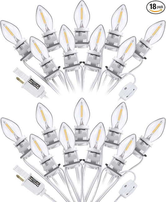 Meonum 2 Pack Accessory Cord with 18 LED Light Bulb C7 Cord Clip Christmas Village Lights with Double Spare Fuse Blow Mold String Lights Decoration for Xmas Village House Pumpkin Crafts
