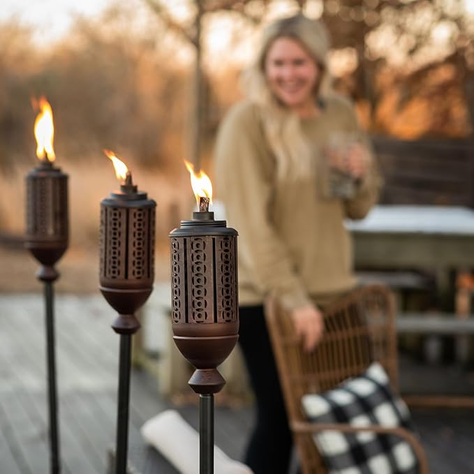 TIKI Cabos Metal Torch – 65-Inch Bronze Outdoor Torch for Patio, Garden, and Lawn, Includes Long-Lasting Wick and Snuffer, Weather-Resistant Decorative TIKI Torch for Backyard and Landscaping