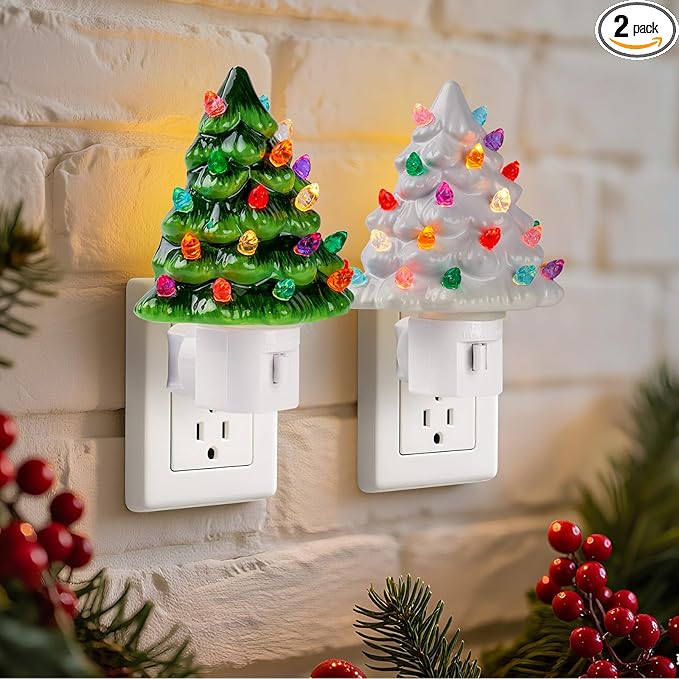 Brightown Ceramic Christmas Tree Night Light - 2 Pack Vintage Christmas Night Light with ON/Off Switch, 5.2" Decorative Ceramic Tree Light for Bedroom Bathroom Living Room Porch Xmas Holiday Decor