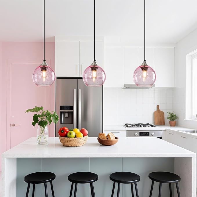 Pink Glass Pendant Lights Kitchen Island Globe Pendant Light Fixtures Modern Pendant Lighting for Bedroom Living Dining Room Light Fixture (5.9 in, 2 Pack)