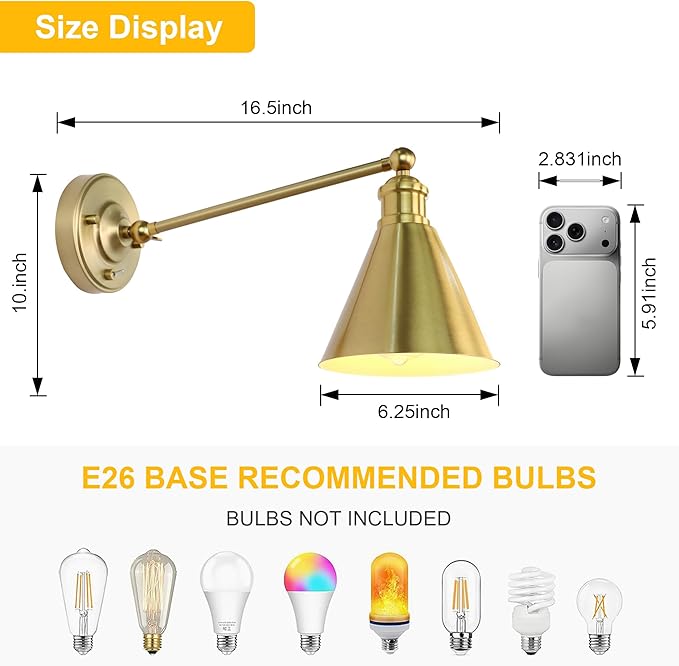 Industrial Vintage Slope Pole Wall Mount Single Sconce with Funnel Flared Metal Shade, Swing Arm Wall Sconce Light Lamp Fixture Hardwired