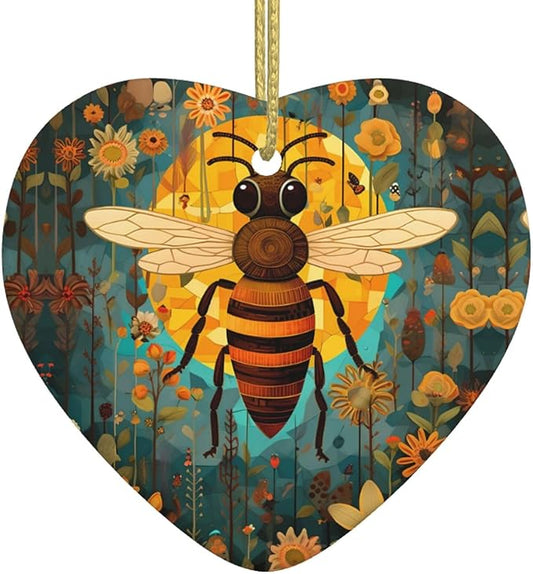Bee Sunflowers Pattern Christmas Ornaments, Christmas Decorations Xmas Tree Hanging Ornaments, Heart-Shaped Ceramic Festive Keepsake Gift for Xmas Decorations Holiday Home Party