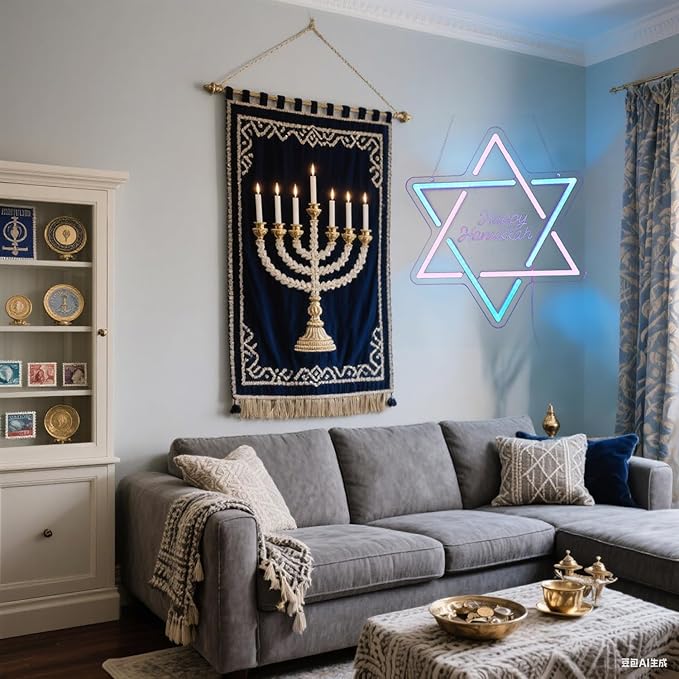 Hanukkah Neon Sign, David Star Pink Blue Gradient LED Light with 'Happy Hanukkah' Lettering, Indoor Holiday Decoration for Home Party
