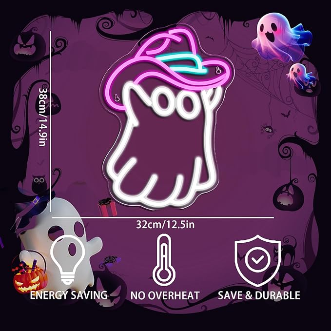 ineonlife Halloween Window Lights Cowboy Hat Ghost Neon Halloween Sign Led Sign Neon Signs For Wall Decor Light Up Signs for Children's Bedroom Party Classroom Decorations Halloween Gifts For Kids