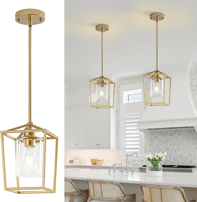 2 Pack Gold Pendant Lights Kitchen Island, Farmhouse Kitchen Pendant Light Fixtures, Metal Cage Island Lights with Clear Glass Shade for Kitchen, Entryway, Dining Room, Hallway