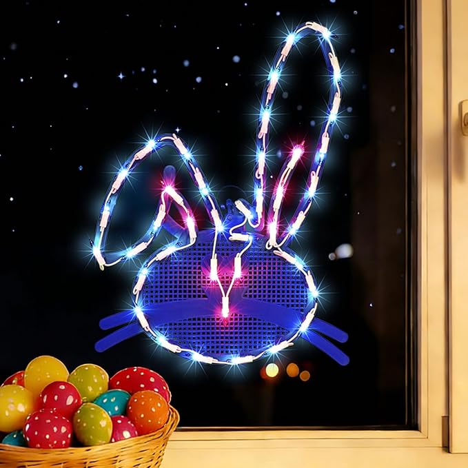 17" 40LED Lighted Blue Bunny Easter Decor, Gentle Warm Glow for Mantel, 120V Plug-in, UL Certified, Delicate Gift Box Packed