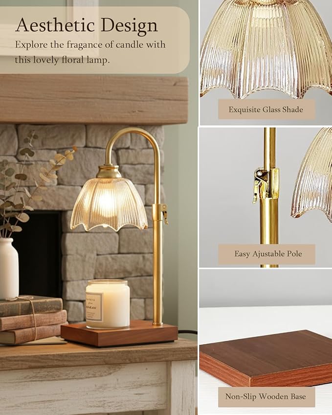 Adjustable Candle Warmer Lamp Dimmable with Timer Vintage Glass Design, Aesthetic Candle Warmer for Large Candles Gifts for Women, Mom,Friend Sister Home/Office Decor (Amber)
