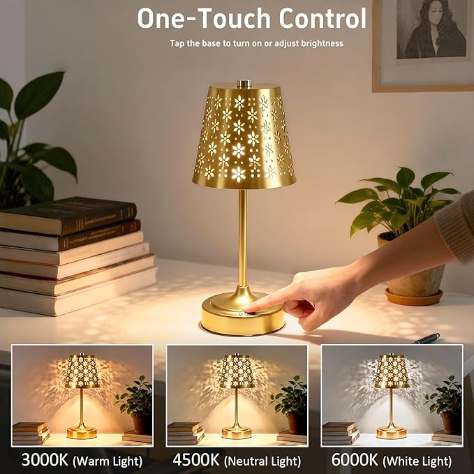 Rechargeable Cordless Table Lamp, Touch Control Battery Powered Bedside Lamp with Floral Cutout Shade, 3 Color Stepless Dimmable Decorative Nightstand Lamp for Bedroom (Gold)