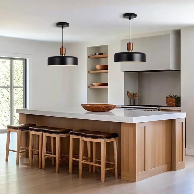 Industrial Pendant Light, Rubber Wood Dome Hanging Lamp with 15.8" Hammered Metal Shade, Black Modern Light Fixtures for Kitchen Island, Living Room,Restaurant,Farmhouse Dining Room, Bedroom, Hallway