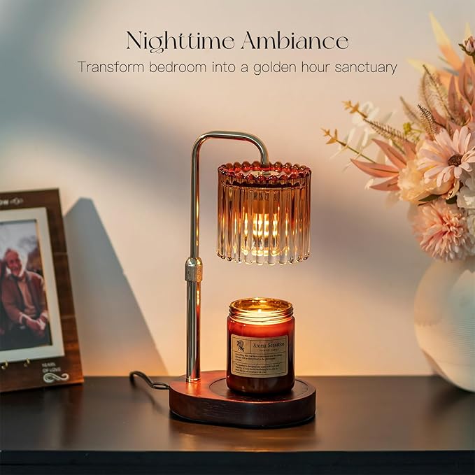 Candle Warmer Lamp with Timer: Amber Candle Warming Lamp with 2 Bulbs Height Adjustable Wax Melt Dimmable Bedroom Decor for Women