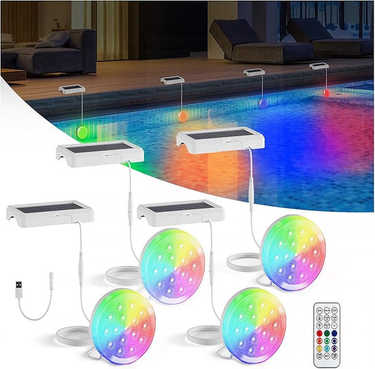 Upgraded Solar Powered USB Rechargeable Submersible LED Lights 2-in-1, 4.55 Inch IP68 Waterproof Pool Light 22 Colors with Remote Magnet Solar Pool Lights for Inground Pools, Pond 4 Pack