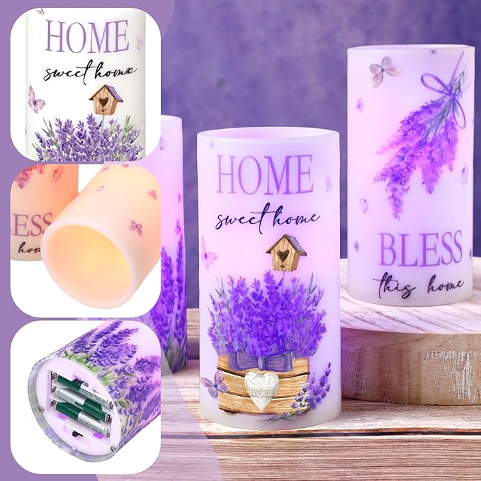 3 Pcs Purple Lavender Flameless Candles with Remote Color Changing Battery Operated LED Pillar Bless This Home Candles for Spring Lavender Easter Living Room Farmhouse Kitchen Decor