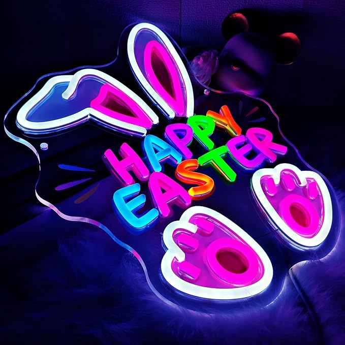 Happy Easter Neon Sign, LED Light Up Cartoon Bunny Decorations for Kids Bedroom, Nursery Room, Classroom, Home, Acrylic Wall Mounted Lighted Rabbit Decor, Easter Gifts for Boys and Girls, 14 x 10 Inches, USB Powered