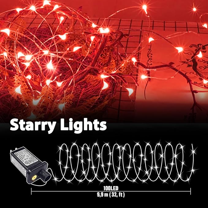 LAMPHOME Valentine's Day Red Fairy Lights Plug in, 33Ft 100 LEDs Waterproof Twinkle Firefly Lights, Starry String Lights for Galentine's Day Wedding Indoor Outdoor Christmas Patio Garden