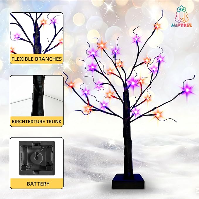 2-Pack Lighted Halloween Christmas Fall Tree Decorations Indoor, 2ft Black Birch Tree with LED Lights, Small Tabletop Christmas tree with lights, Warm White Battery- Powered Fairy Light Spirit