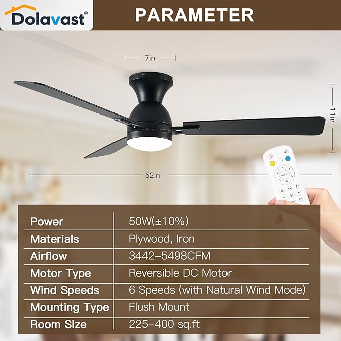 Ceiling Fans with Lights, 52 inch Low Profile Ceiling Fan with Light and Remote Control, Flush Mount, Reversible, 3CCT, Dimmable LED, Noiseless, Black Ceiling Fan for Bedroom, Living Room