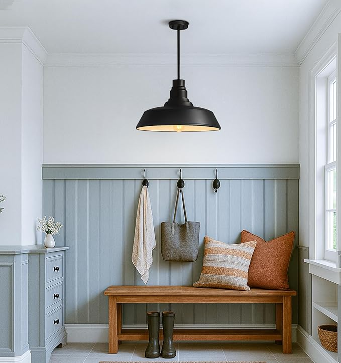 Large 18" Black Farmhouse Pendant Barn Light, Industrial Style Dome Chandelier for Kitchen Island, Dining Room, Living Room, Hallway, Large Vintage Ceiling Light for Indoor Spaces