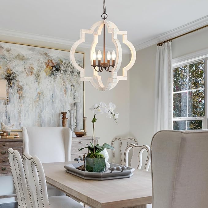 21.7" Oak Farmhouse Chandeliers for Dining Room Light Fixture Orb Distressed White Wood Pendant Light Kitchen Chandeliers over Table Ceiling Hanging Light for Island Living Room Bedroom Entryway Foyer
