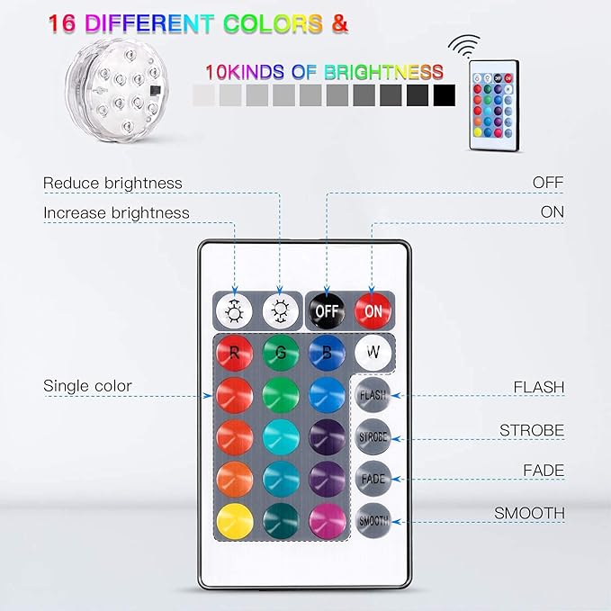 Submersible LED Lights with Remote Control, RGB Color Changing, Waterproof, Battery Operated, Multi-Mode for Pool, Fountain, Vase, Party Decor, 4PCS