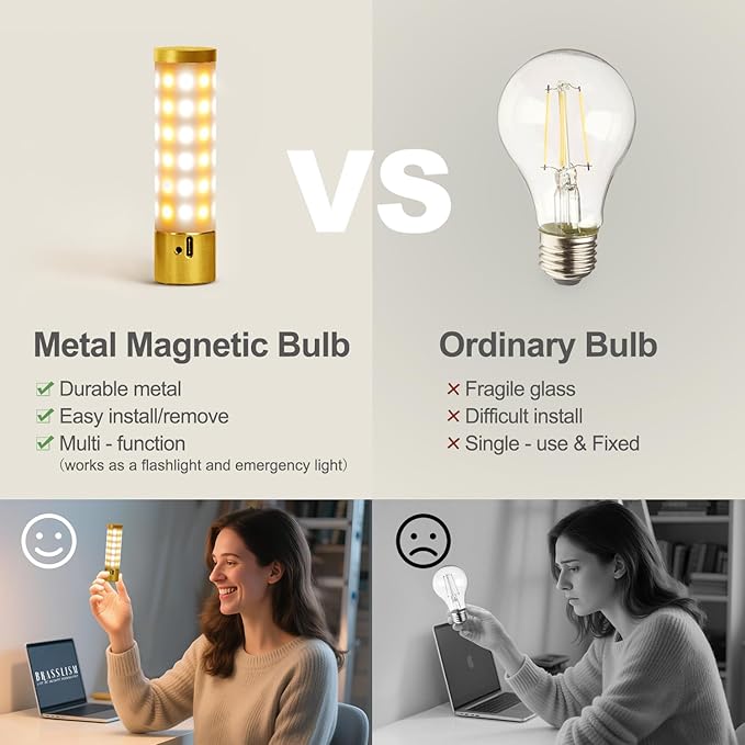 17.5" Cordless LED Table Lamp – Rechargeable & Dimmable with Detachable Magnetic Bulb, Marble Base, Brass Finish, – Affordable Luxury Accent Light for Bedroom, Bar, Restaurant, Urban Decor