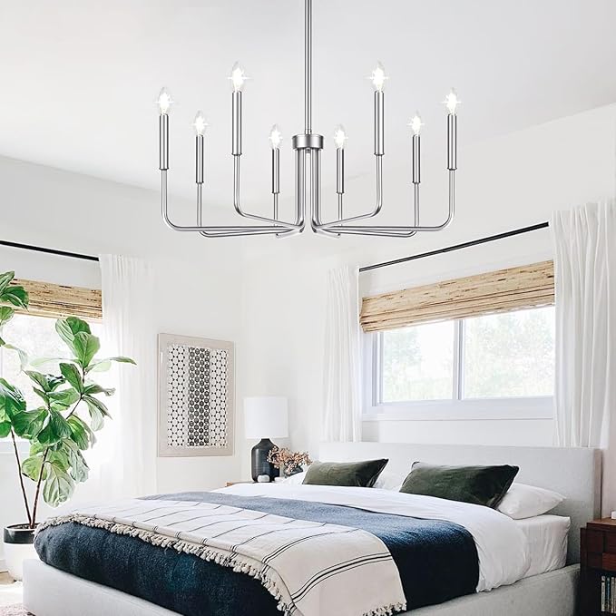 8-Light Farmhouse Chandelier for Dining Room Lighting Fixtures Hanging, Brushed Nickel Dining Light Fixtures Industrial Chandelier for Bedroom, Foyer, Hall, Kitchen, Living Room and Entryway
