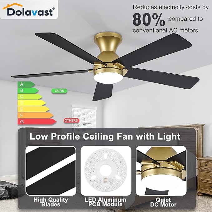 Ceiling Fans with Lights and Remote, 48 Inch Gold Ceiling Fan with Light, Low Profile Reversible Fandelier Ceiling Fan, Dimmable LED, Flush Mount, Quiet DC Motor, for Bedroom Kitchen