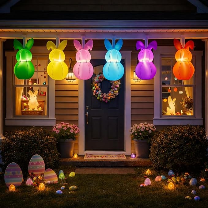 10FT Long Easter Inflatable Bunny Flashing Lights Decorations, Built-in LED Lighted Blow Up Decoration, Cute Easter Inflatables Outdoor Decorations for Home, Yard, Garden, Lawn, Indoor, Party