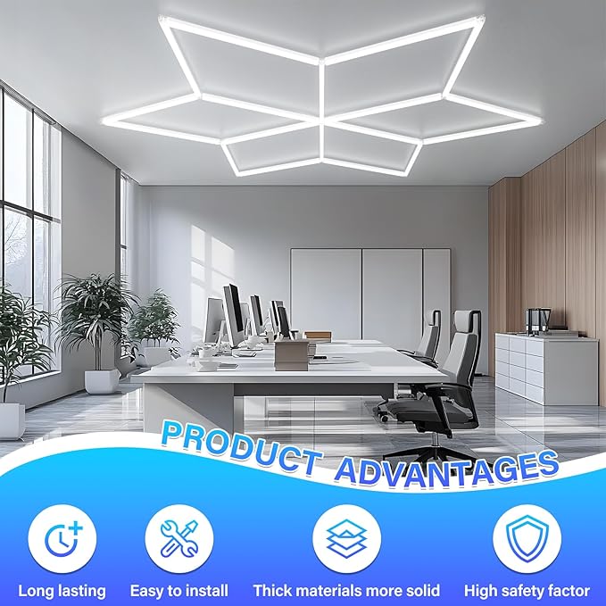 Hexagon LED Lights - Super Bright 8910LM Hex Lights - 6500K Cool White Aluminum Garage Lighting for Workshop, Shop Lights, Home Gym, Basement, Studio & Warehouse