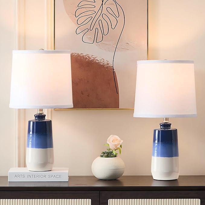 20.5" Ceramic Blue Lamps for Nightstand Set of 2, Blue Table Lamps for Living Room Set of 2, Coastal Table Lamps for Bedroom with White Barrel Lampshade, Blue White Ceramic Lamps for Small Space