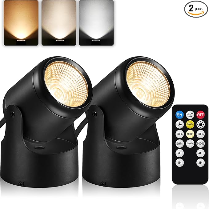 3000K/4000K/5000K Uplighting 3W LED Spotlight Indoor Plug-in with Memory Function Floor Spot Lights with Remote Control Dimmable Uplights Indoor for Plant/Picture/Artwork, 2 Pack