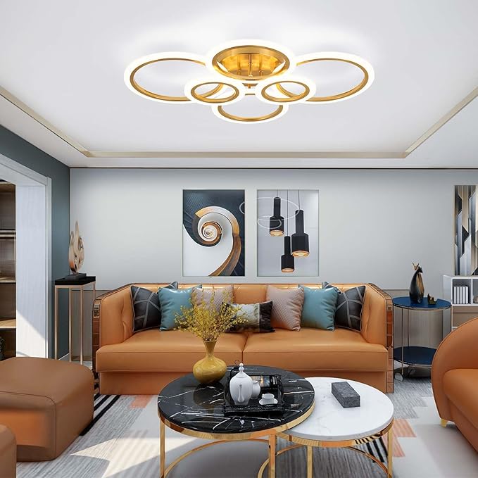 Gold Modern Flush Mount Ceiling Light,6 Rings Dimmable LED Modern Ceiling Light Fixture with Remote,Close to Ceiling Lamp for Living Room Bedroom Kitchen Lighting Fixtures Ceiling Mount