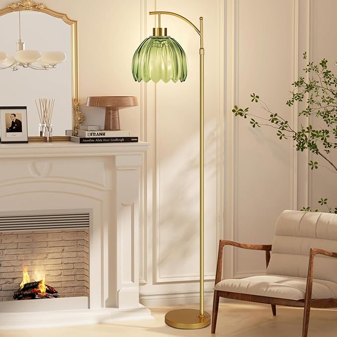 Glass Floor Lamp for Living Room,Bedroom,Gold Mid Century Modern Standing Lamp with Remote,Dimmable Brass Tall Lamp Vintage Tulip Green Arc Flower Floor Light Boho Bohemian