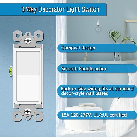 3 Way Switch White, Greencycle 4 Pack Three Way/Single Pole Light Switch Rocker Switches 15A 120/277V, On/Off Rocker Paddle Interrupter, Residential/Commercial Grade,Home & Office,UL/CUL