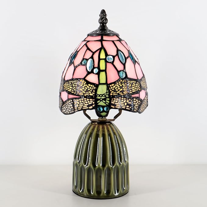 Stained Glass Mushroom Table Lamps 6X6X12.5 Inch Pink Dragonfly Style Small Night Light Ceramic Base Mini Accent Desk Light Suitable for Bedside Table Bedroom Children Room