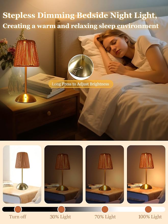Boho Rattan Table Lamp, Cordless Wicker Woven Vintage Table Lamp - LED Rechargeable Touch Control 3 Color Dimmable Reading Bedside Lamp for Bedroom Living Room Office, Home Outdoor Decor (Brown-1)