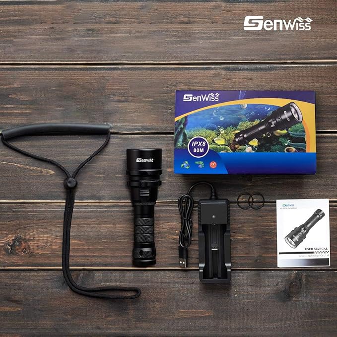 Scuba Diving Flashlight Dive Torch 2000 Lumen Waterproof Underwater XM-L2 LED Submarine Lights Holder with Charger for Under Water Deep Sea Cave at Night