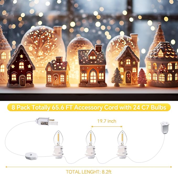 Meonum 8 Pack Christmas Village Light Cords with 24 C7 LED Bulbs and Outlet, Each 8.2 ft Blow Mold Light Cords for Christmas Village Accessories Holiday Tree Decor and Craft Projects