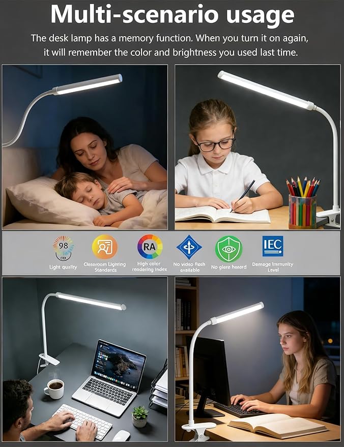 White 2 Pack LED Clip On Desk Lamp,Dimmable Clip On Reading Light with Flexible Neck,Curved Monitor Light Bar for Computer,Eye-Protection Bedside Lamp for Office Home Study Desk Accessories