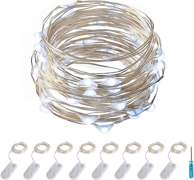 ITART Micro LED String Lights Battery Powered Set of 8 Cool White Mini Fairy Light 20 LED 6ft Ultra Thin Silver Wire Rope Lights for Craft DIY Costume Centerpieces Display