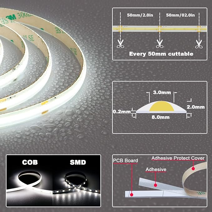TOPAI 24V COB LED Strip 5000K Daylight White Waterproof IP65 480LEDs/M Super Bright 4000Lm CRI>90 16.4ft Dotless High Density Cuttable Flexible for Cabinet Home DIY Lighting Projects