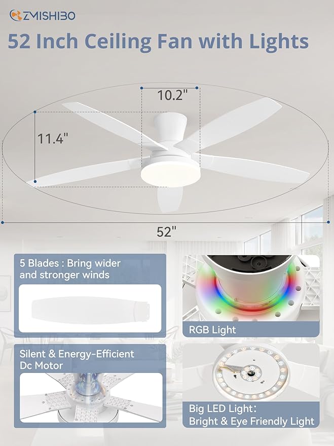 ZMISHIBO 52 inch RGB Ceiling Fans with Lights and Remote/APP Control,White Low Profile Ceiling Fan with Quiet DC Motor,LED Dimmable, Modern Flush Mount Ceiling Fan for Bedroom Indoor,Party, Patio