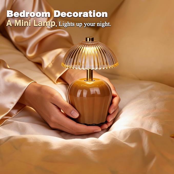 MJ PREMIER Small Cordless Lamp, Battery Operated Lamp with Timer, Mini Crystal Glass Mushroom Lampshade, Cute Small Table Lamps, Decorative Led Light for Bedroom Living Room Shelf (Brown)
