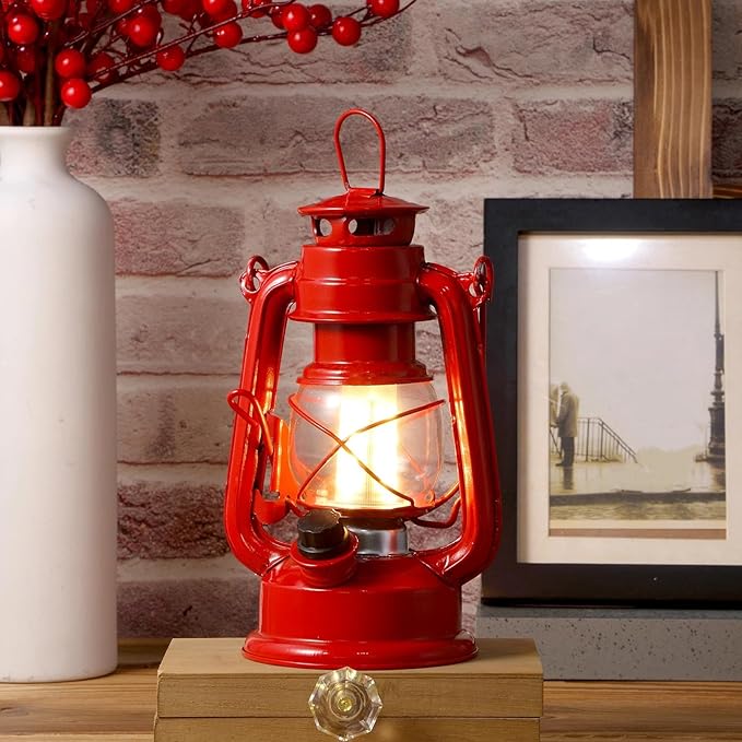 Hortsun 8 Pcs 8 Inch Vintage LED Hurricane Lantern Metal Red Outdoor Battery Operated Hanging Lantern with Warm LEDs and Dimmer Switch for Halloween Christmas Indoor Rustic Farmhouse Camping Decor