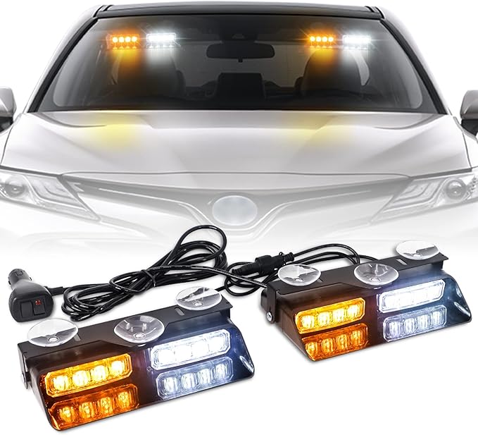 XRIDONSEN 2 in 1 Emergency Dash Strobe Lights Interior Windshield Lights Amber White Warning Hazard Safety Flashing w/Suction Cups for Construction Vehicles, Trucks Car (2×7.16 inch, 16 LED)