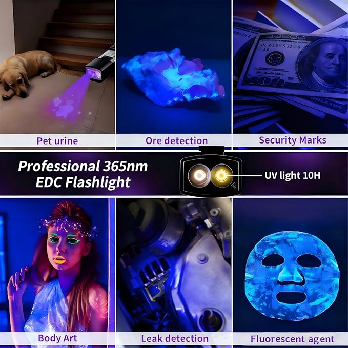 365nm UV Flashlight EDC Flashlight Rechargeable with RGB, Mini Magnetic LED Flashlight Small Blcak Light Pocket Flashlight with Mode Memory Function for Travel, emergency, Pet Urine Detection